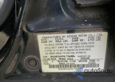 2004 Nissan Sentra 2.5S z USA, uszkodzony, nr VIN 3N1AB51A04L736886